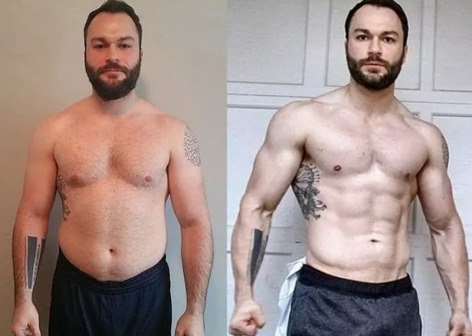 Antes e depois de transformação com acompanhamento de coach